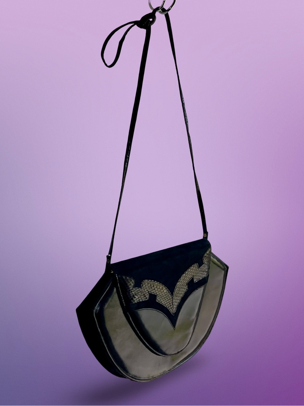 Vintage 80s Jasmin Genuine Snakeskin & Leather Mixed Media Deco Clutch - Picture 3 of 10